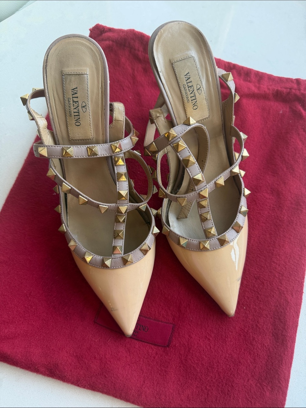 Valentino Nude Patent Pointed Rockstud Strappy Mules 37.5